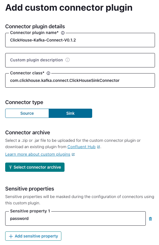 Confluent Platform UI showing settings for adding a custom ClickHouse connector - Zoomed