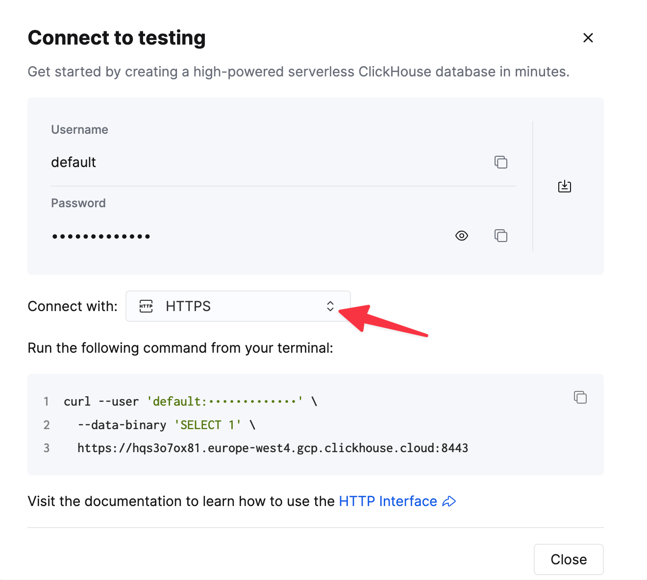ClickHouse Cloud HTTPS connection details - Zoomed
