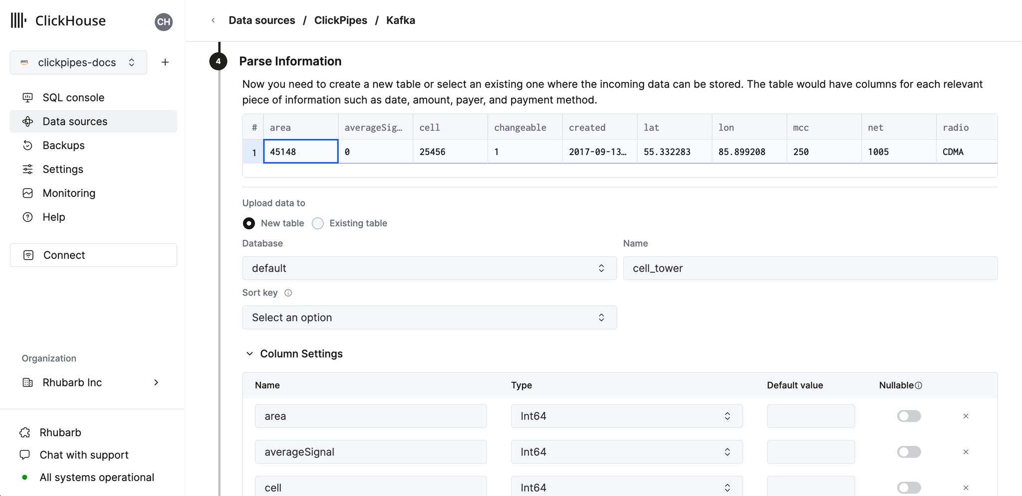 Set table, schema, and settings - Zoomed