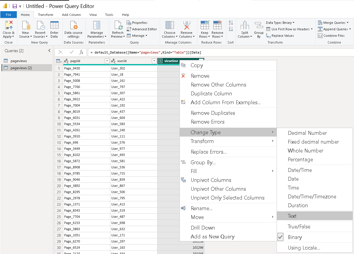 Power Query Editor showing data type transformation for UInt64 column - Zoomed