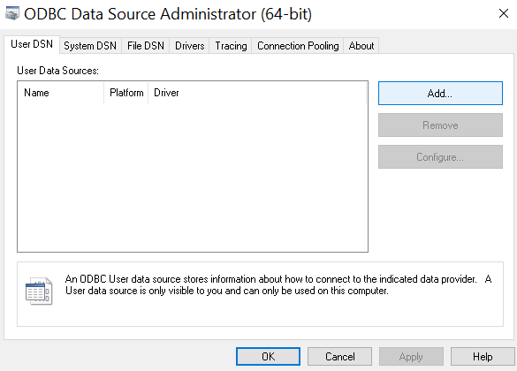 ODBC Data Source Administrator with Add button highlighted for creating new DSN - Zoomed
