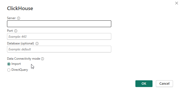 ClickHouse connection dialog showing host, port, database and connectivity mode fields - Zoomed