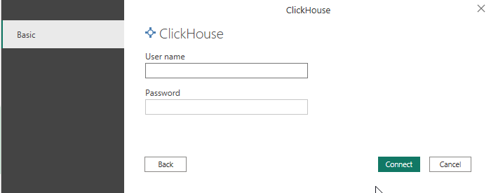 ClickHouse connection credentials dialog for username and password - Zoomed