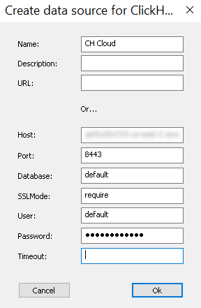 ClickHouse ODBC Driver configuration dialog with connection parameters - Zoomed