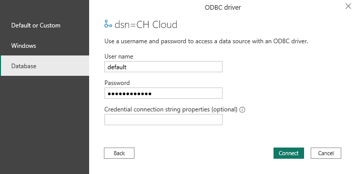 Credentials dialog for the ODBC DSN connection - Zoomed