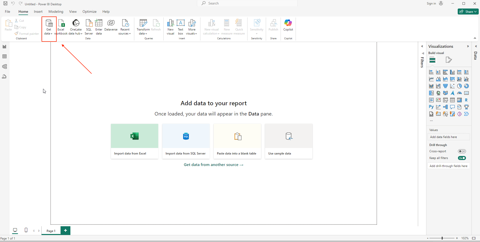 Power BI Desktop home screen showing the Get Data button - Zoomed