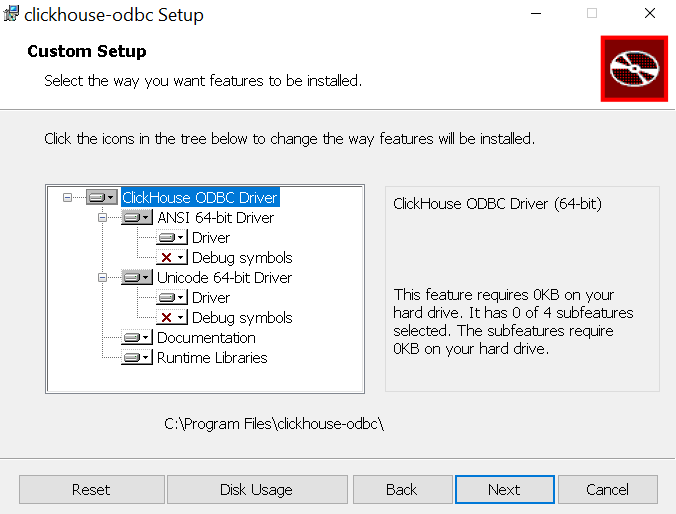 ClickHouse ODBC driver installation wizard showing installation options - Zoomed
