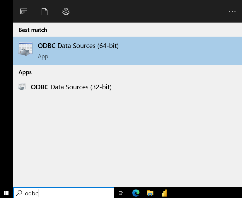 Windows search showing ODBC Data Sources (64-bit) option - Zoomed