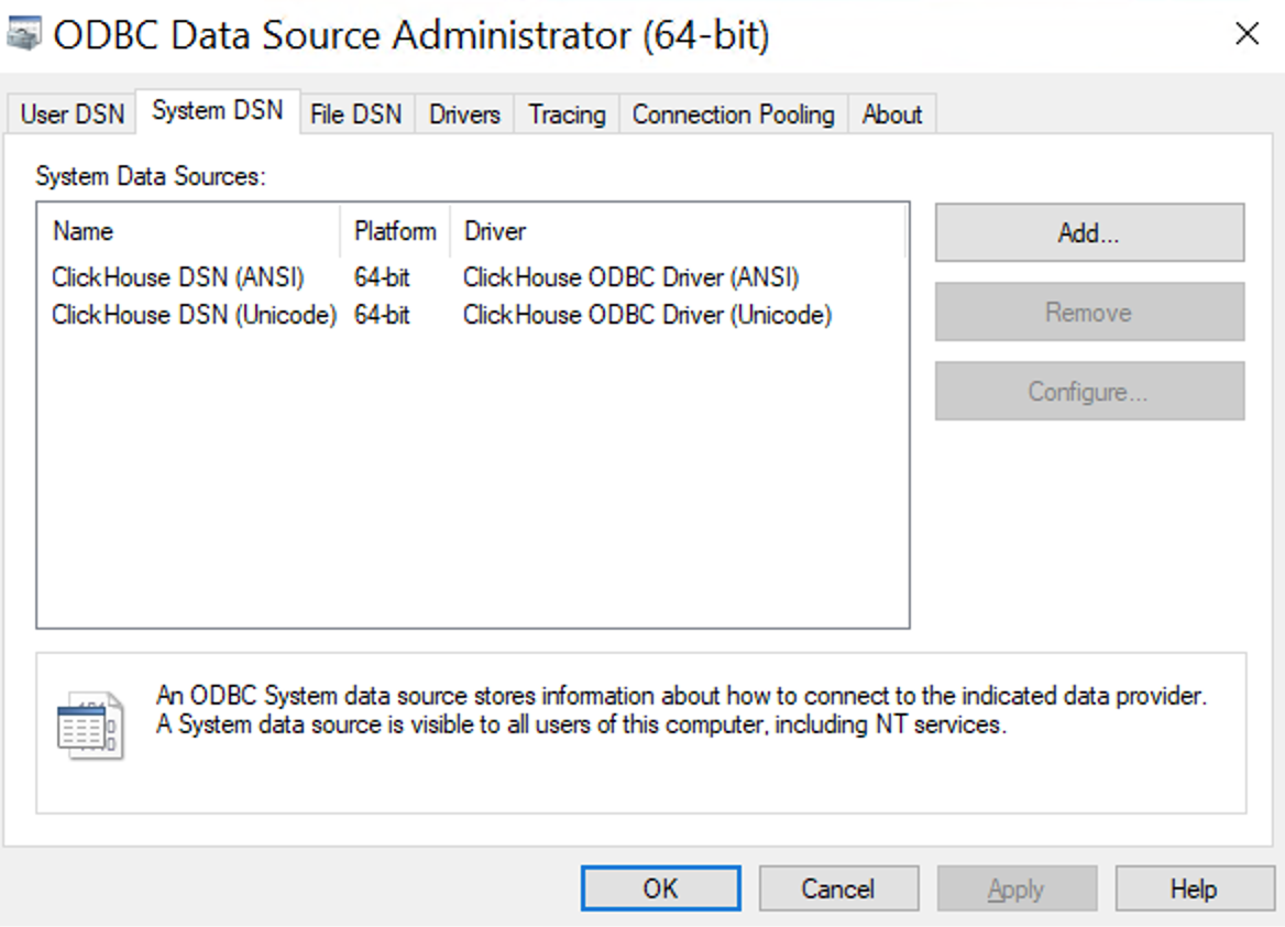 ODBC Data Source Administrator showing ClickHouse drivers in the Drivers tab - Zoomed