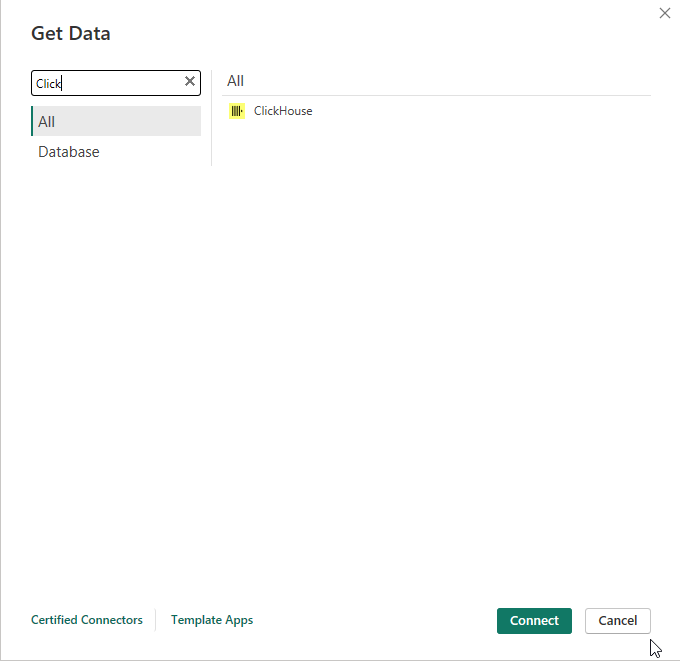 Power BI Get Data dialog with ClickHouse searched in the search bar - Zoomed
