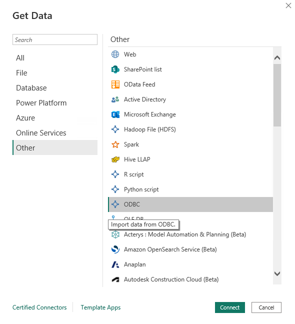Power BI Get Data dialog with ODBC option selected under the Other category - Zoomed