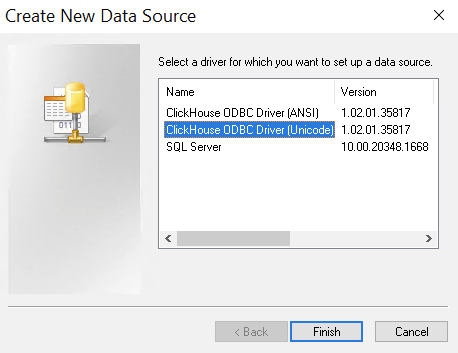 Create New Data Source dialog showing ClickHouse Unicode Driver selection - Zoomed