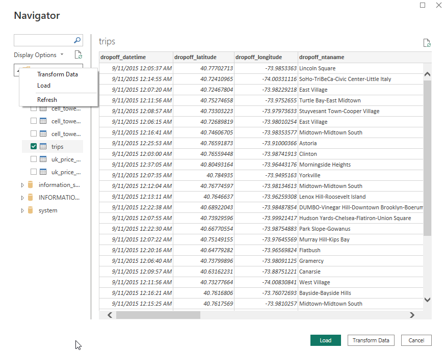 Power BI Navigator view showing ClickHouse database tables and sample data - Zoomed