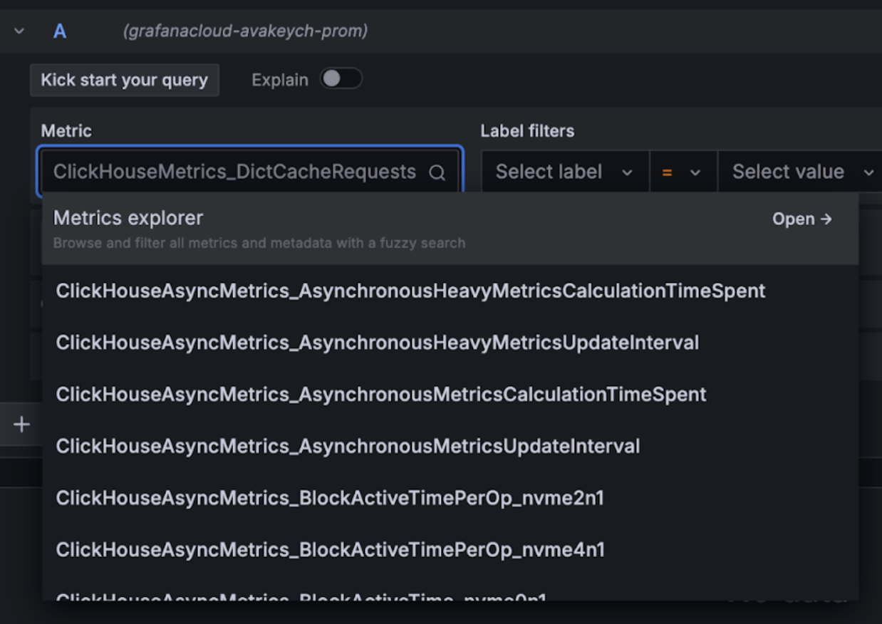 Grafana Metrics Explorer Drop-down - Zoomed